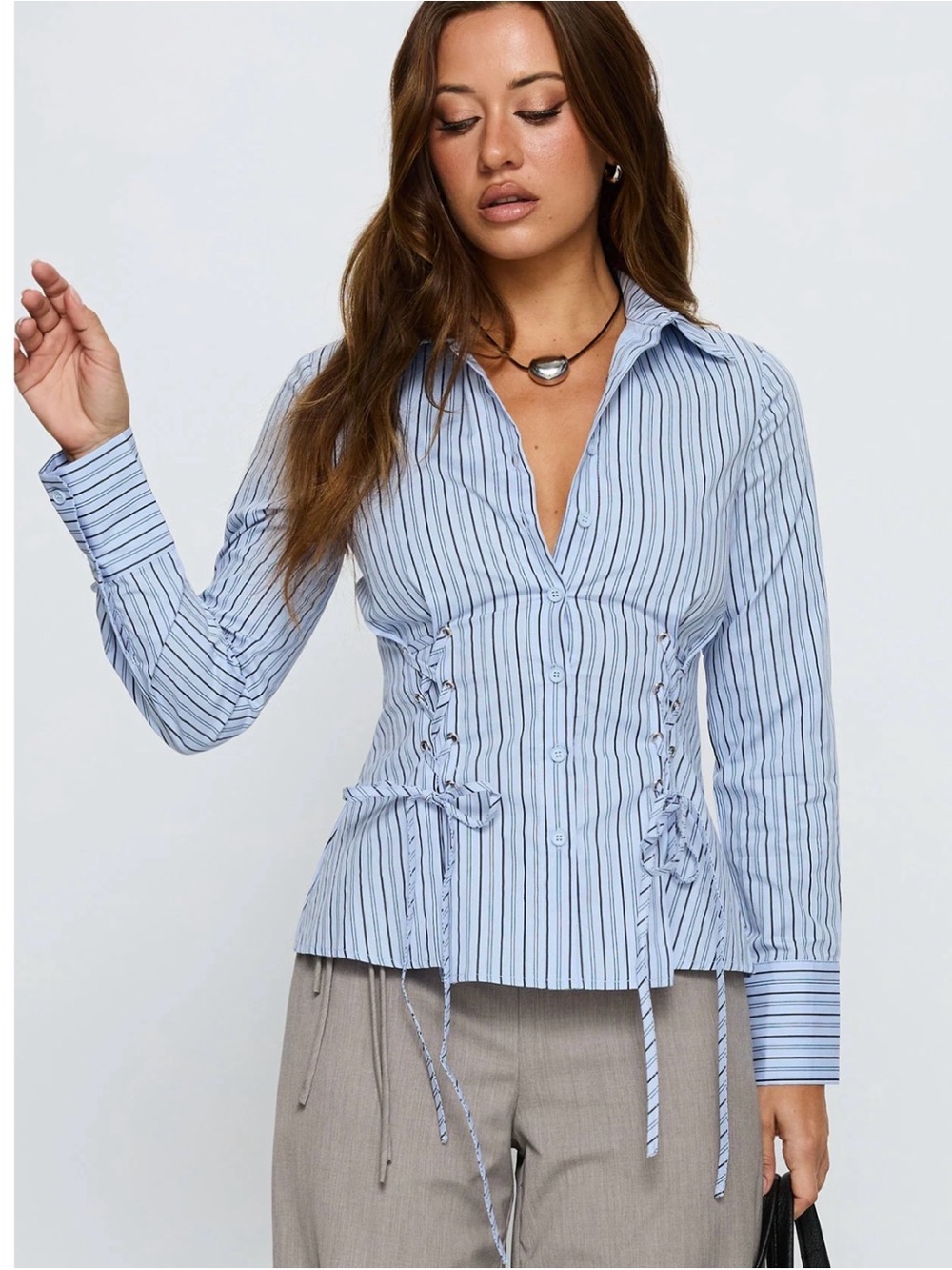 Princess Polly Blue Striped Lace-Up Button Down Shirt